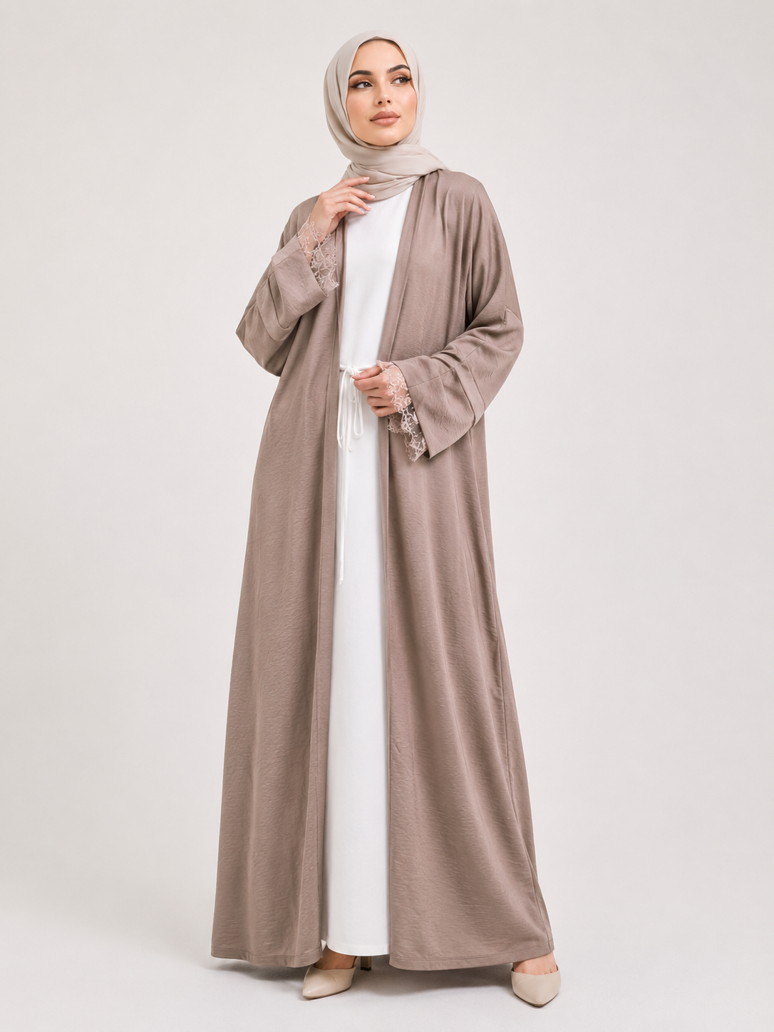 Lace Trim Open Abaya Set
