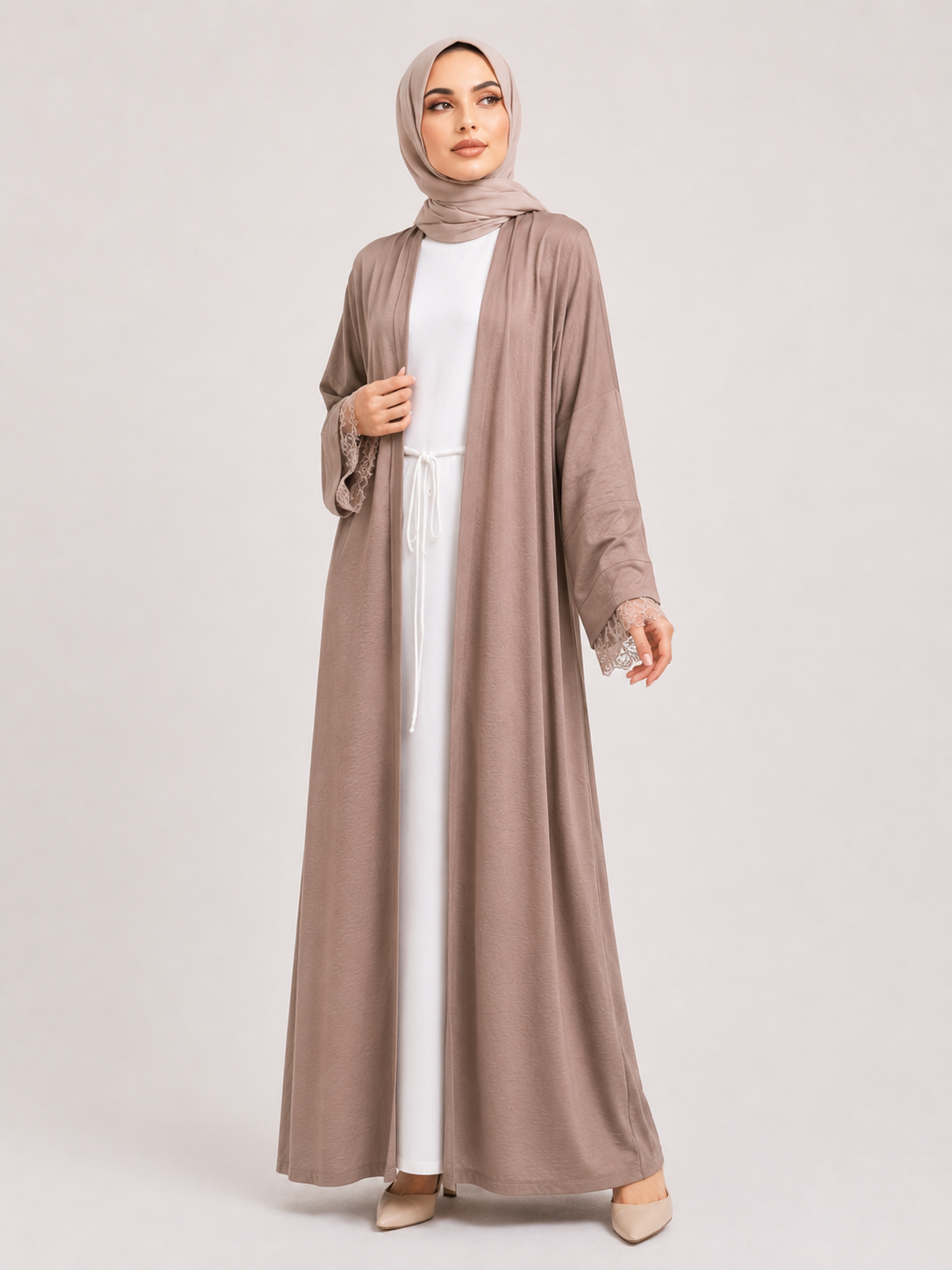 Lace Trim Open Abaya Set