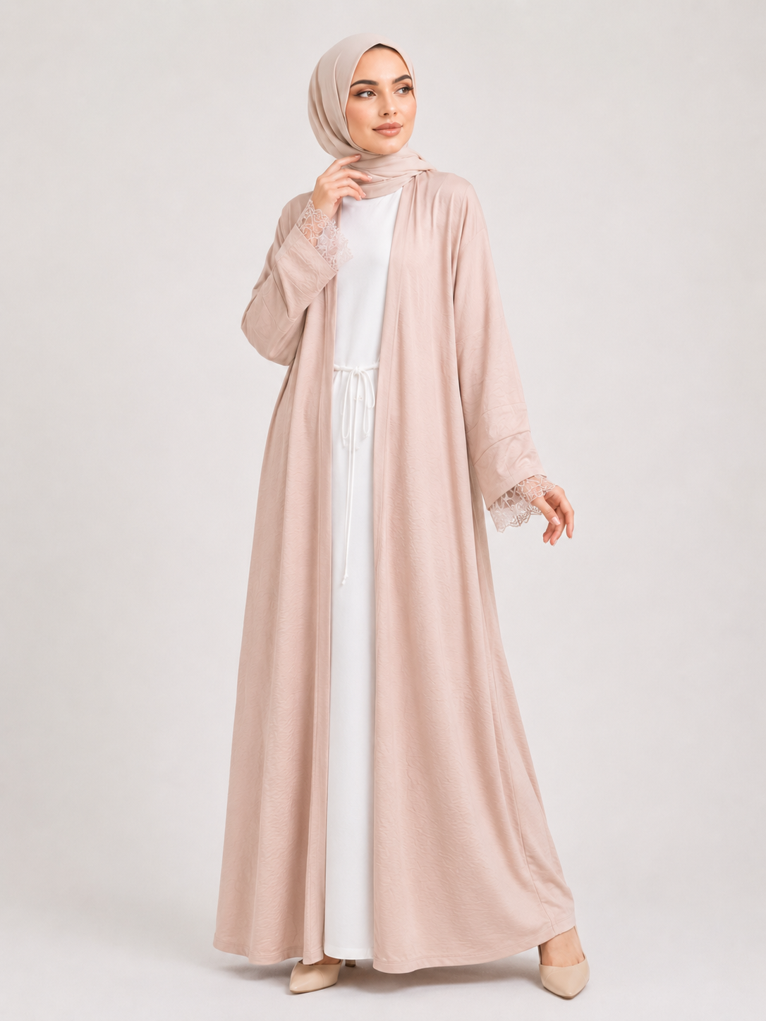 Lace Trim Open Abaya Set