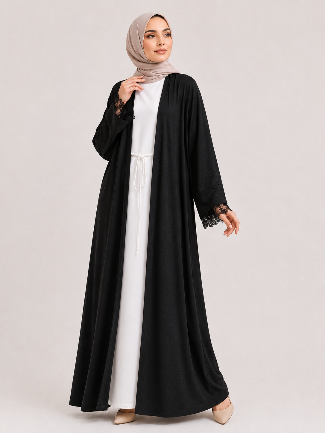 Lace Trim Open Abaya Set
