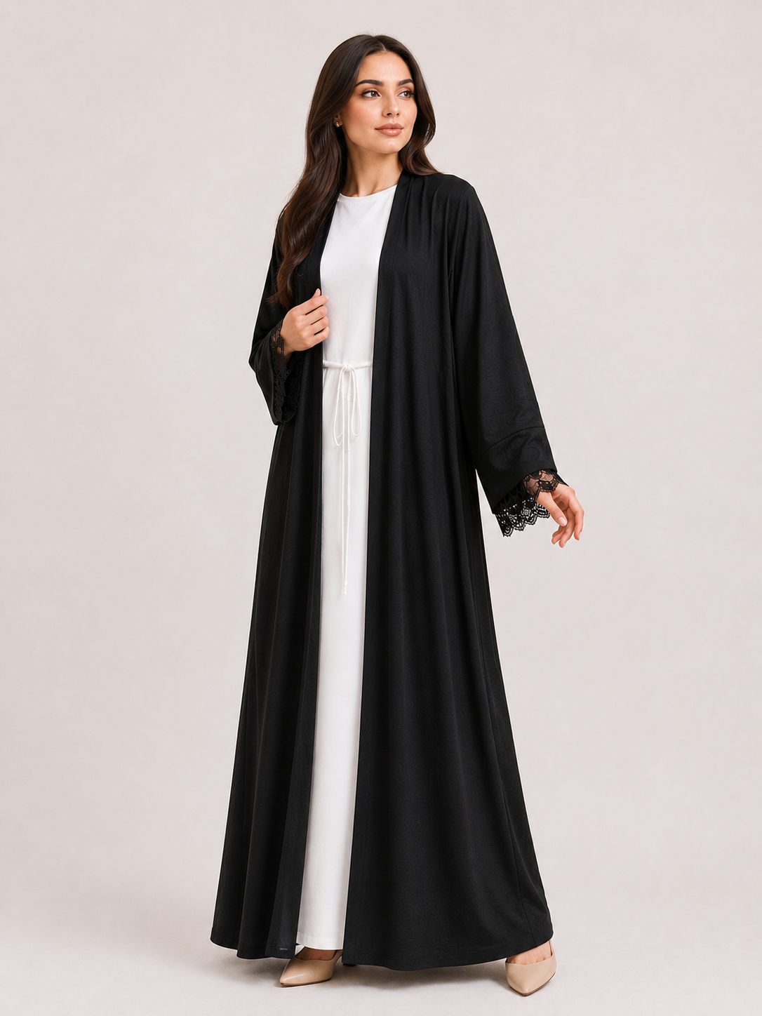 Lace Trim Open Abaya Set