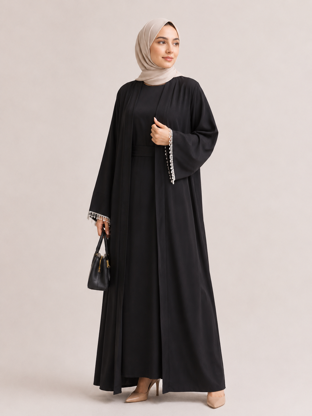 Pearl Trim Open Abaya Set