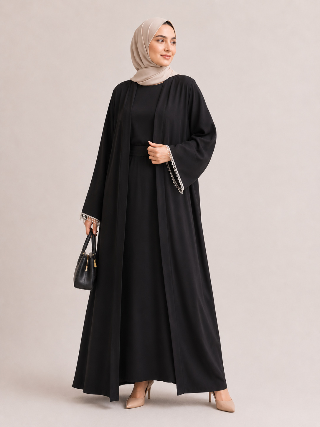 Pearl Trim Open Abaya Set