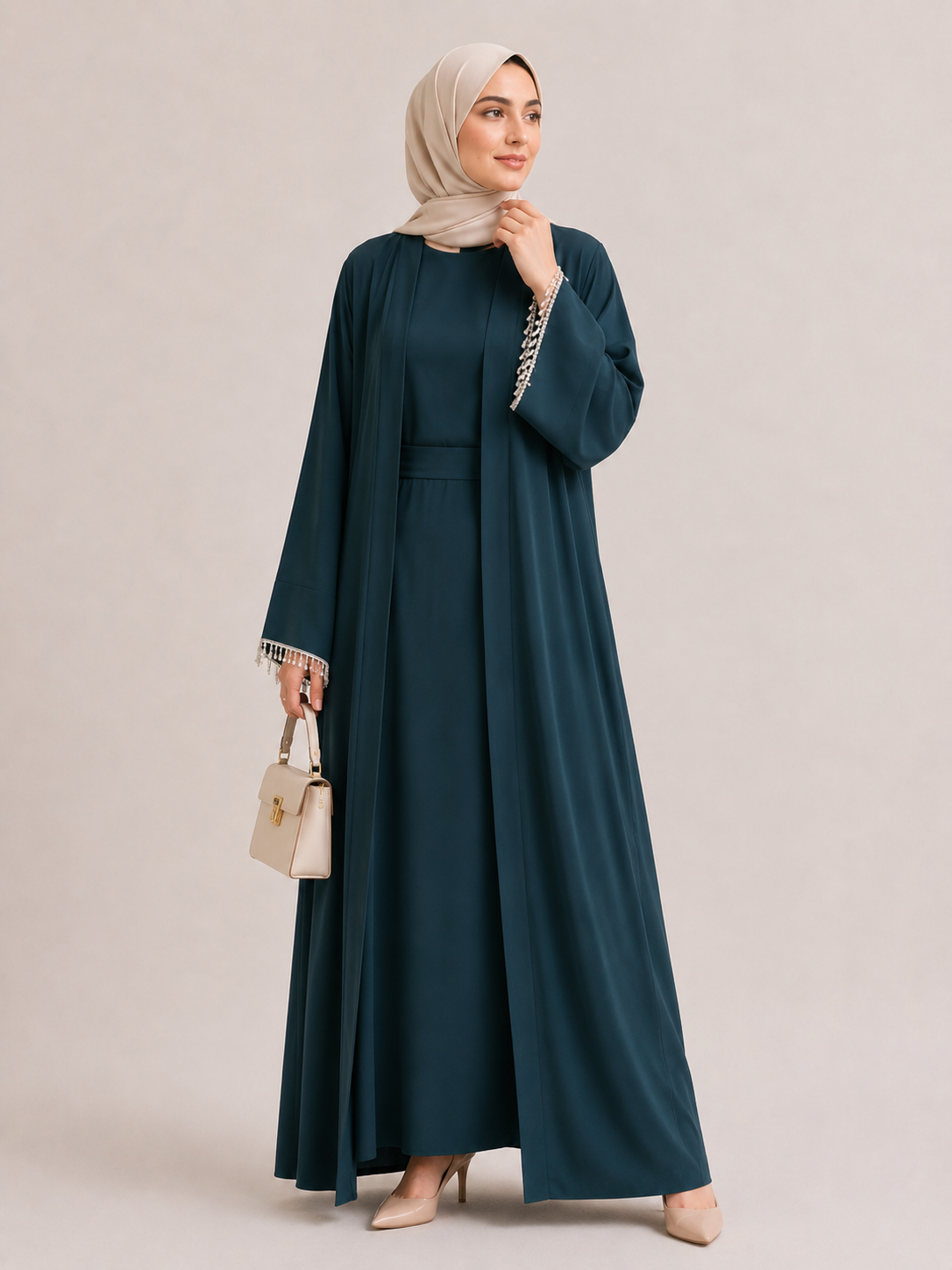 Pearl Trim Open Abaya Set