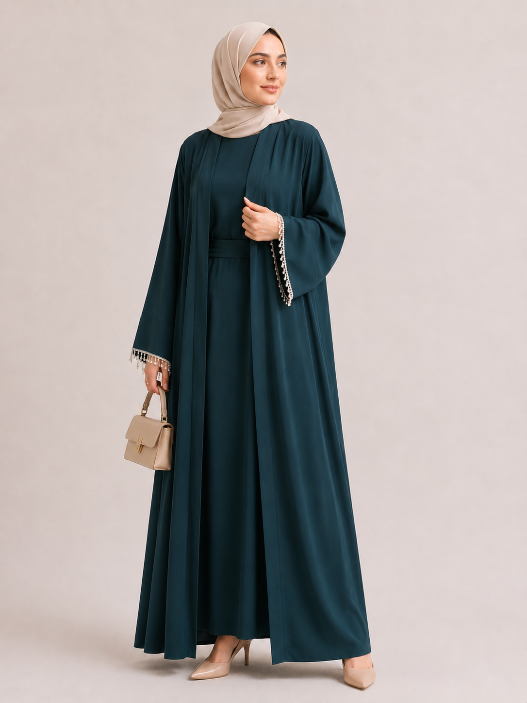 Pearl Trim Open Abaya Set