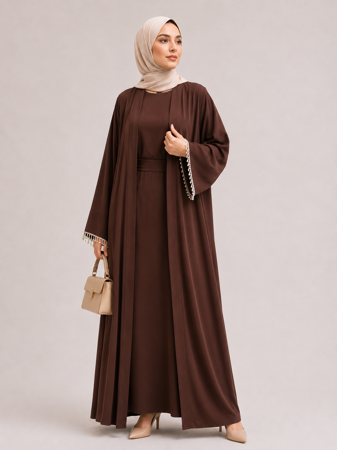 Pearl Trim Open Abaya Set