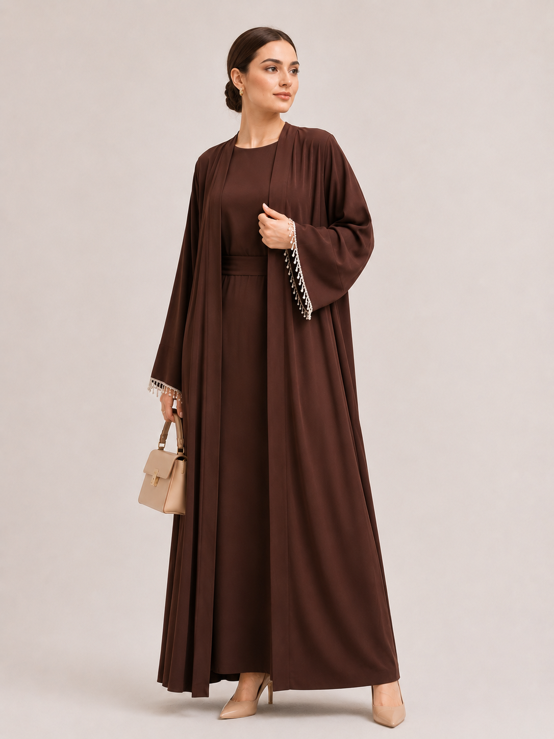 Pearl Trim Open Abaya Set