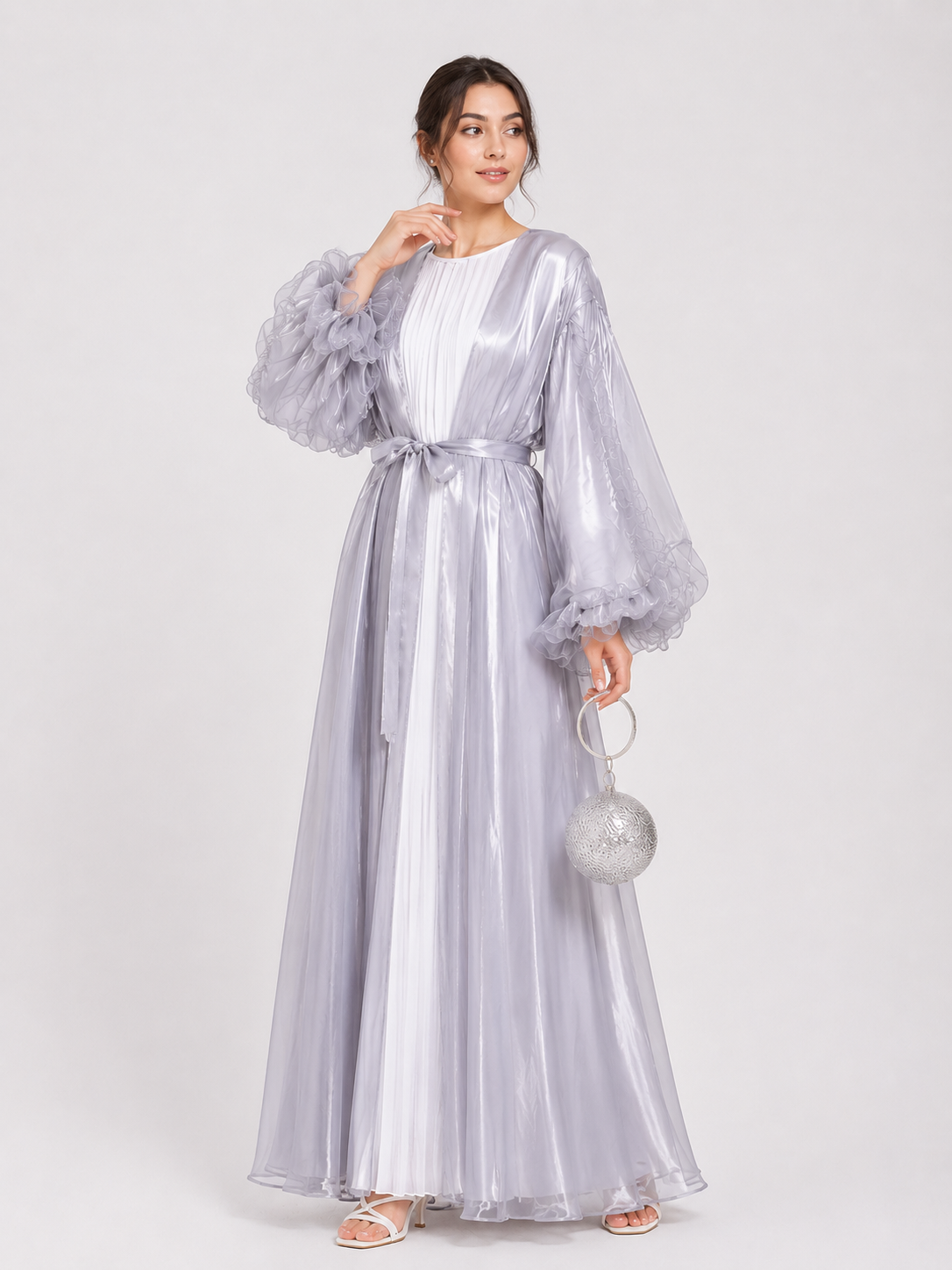 Luna Sheer Sleeve Abaya – Silver Mist