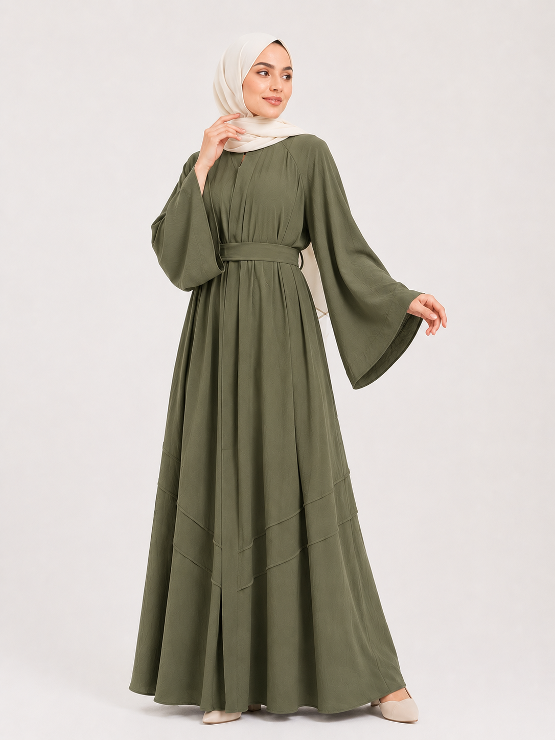 Amina Layered Maxi Abaya – Olive Sage