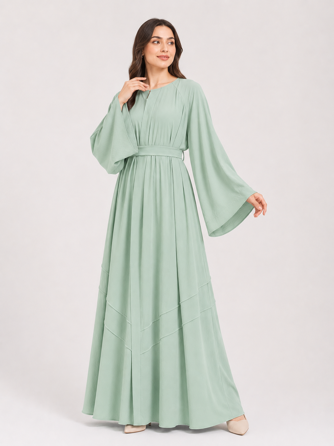 Amina Layered Maxi Abaya – Olive Sage