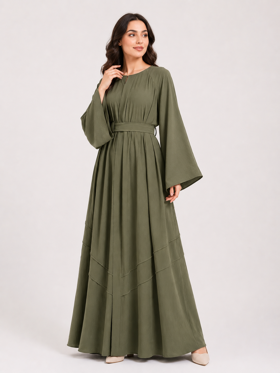 Amina Layered Maxi Abaya – Olive Sage