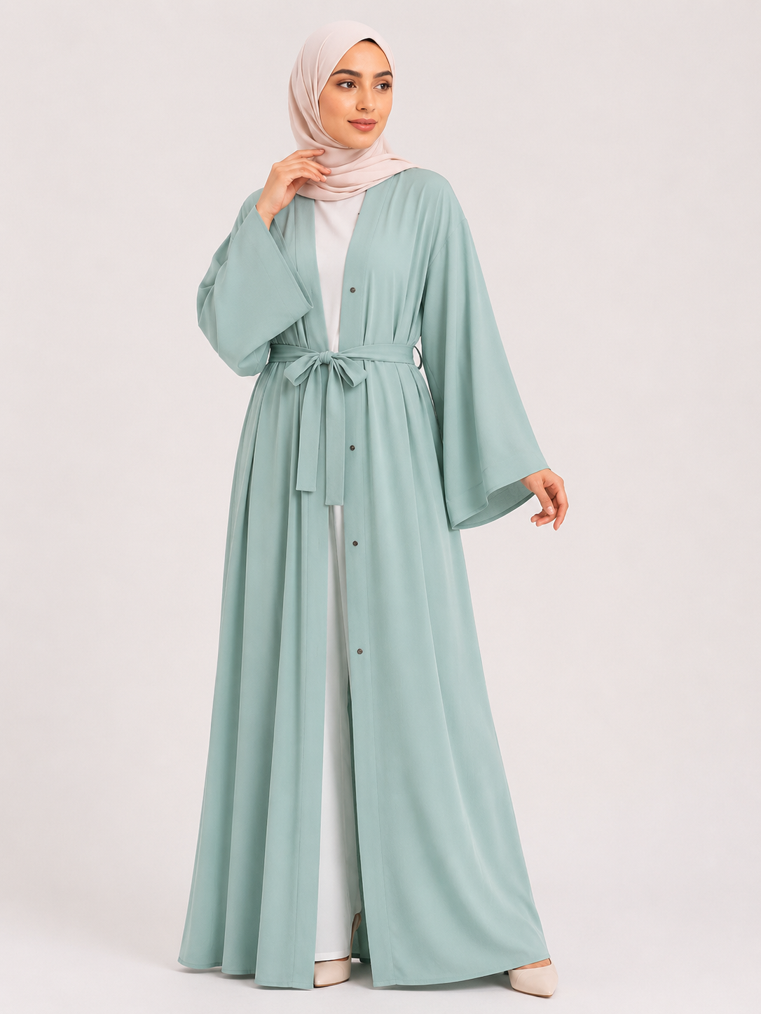 Elara Open Front Abaya Set – Blush Pearl