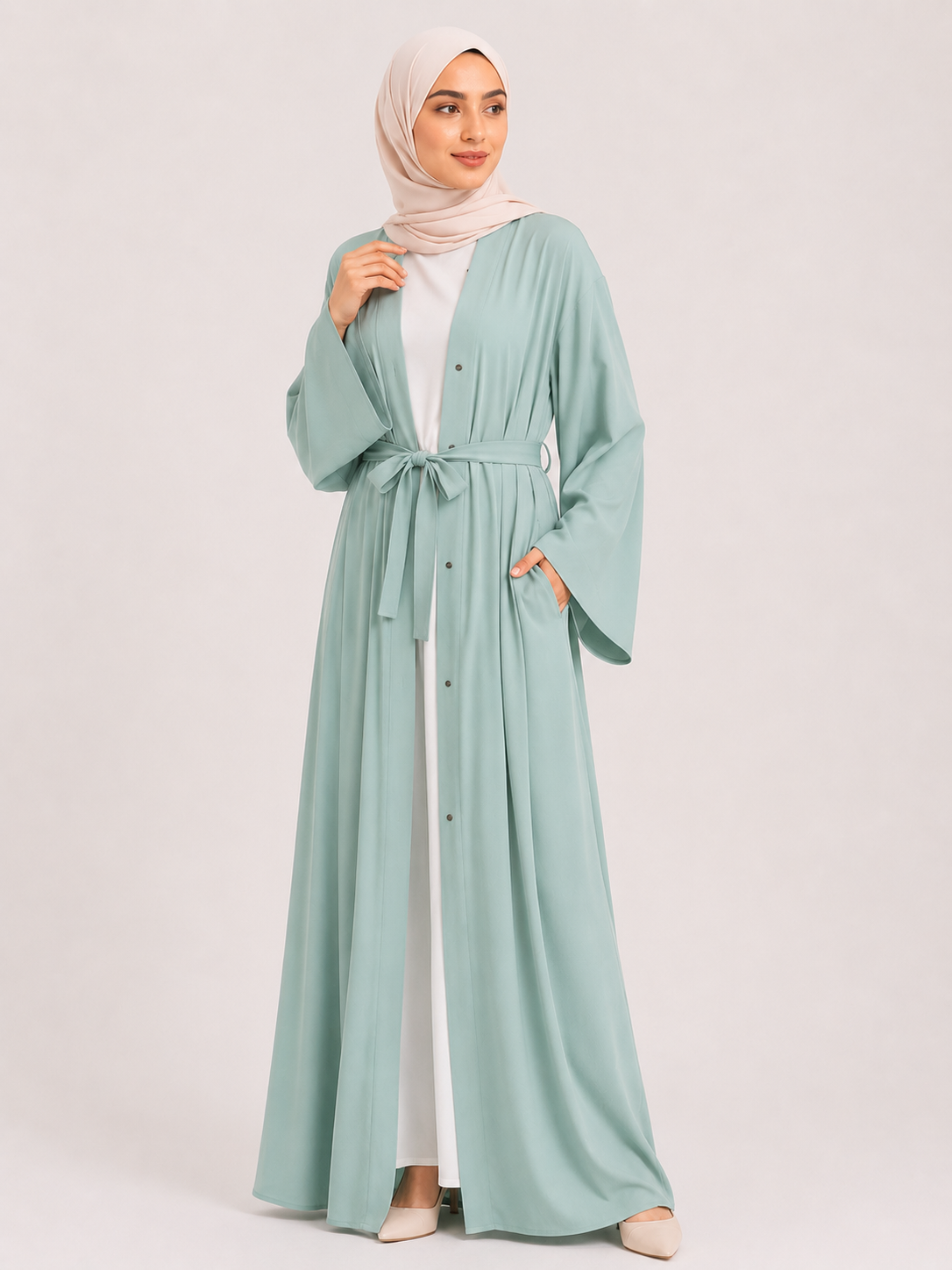 Elara Open Front Abaya Set – Blush Pearl