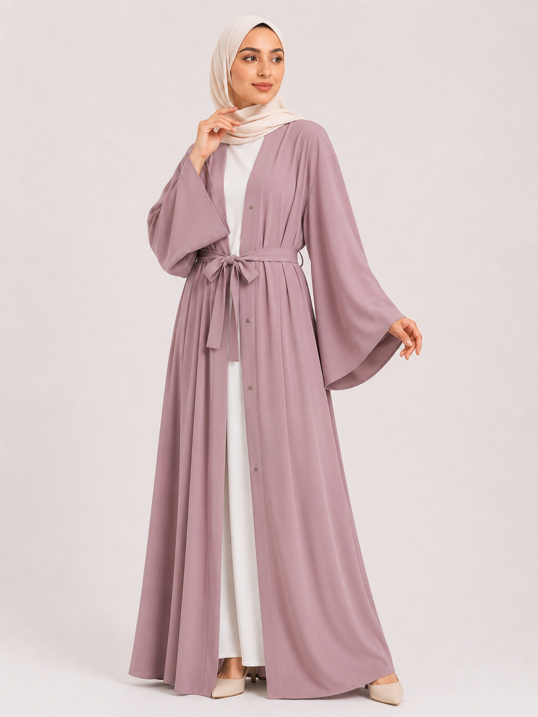 Elara Open Front Abaya Set – Blush Pearl