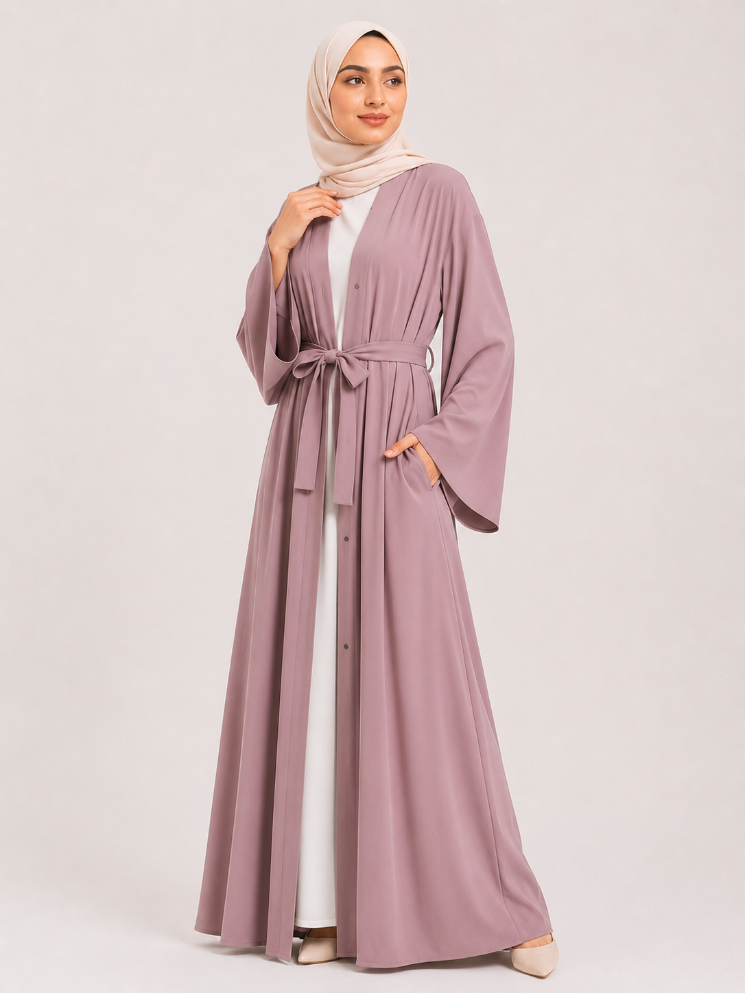 Elara Open Front Abaya Set – Blush Pearl