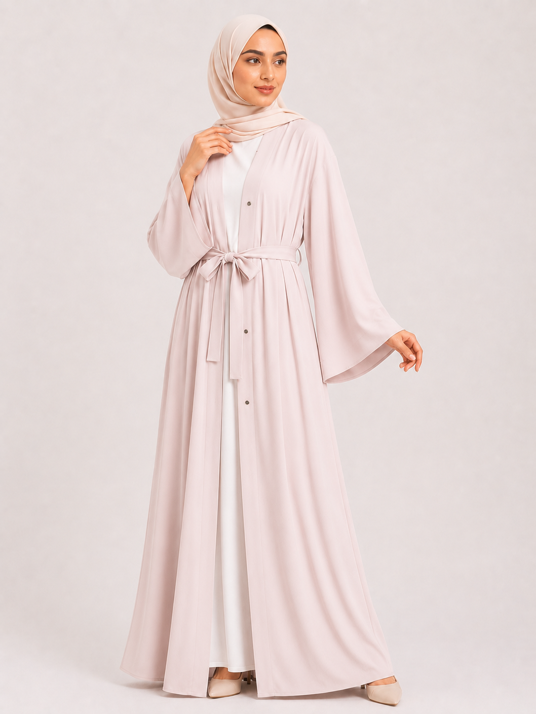 Elara Open Front Abaya Set – Blush Pearl