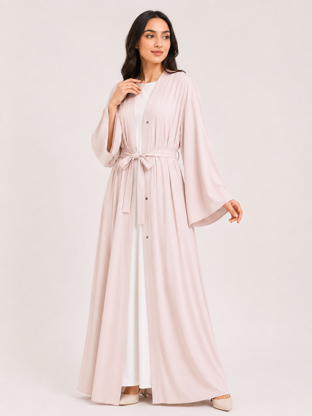 Elara Open Front Abaya Set – Blush Pearl