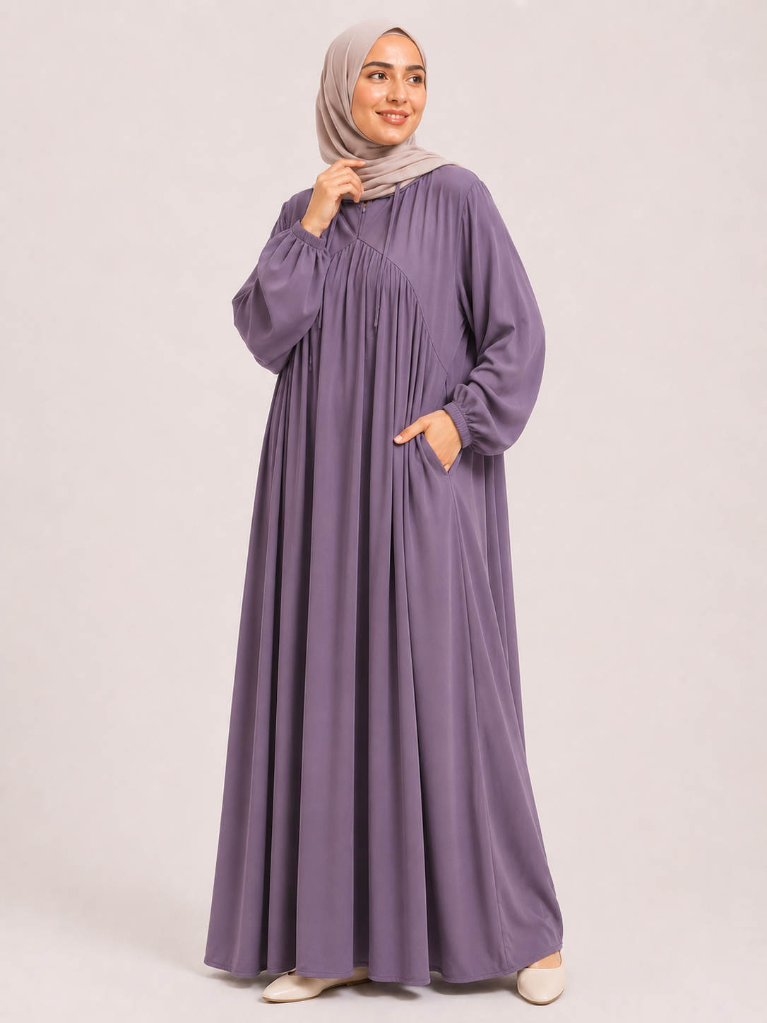 Layana Gathered Maxi Abaya – Lavender Mist
