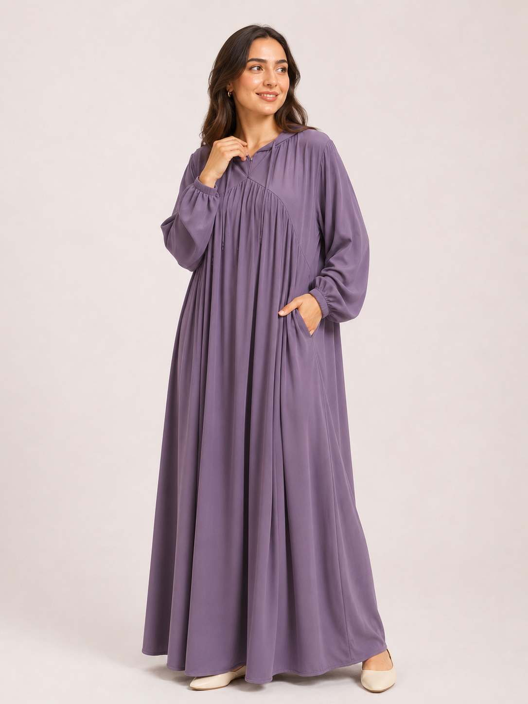 Layana Gathered Maxi Abaya – Lavender Mist