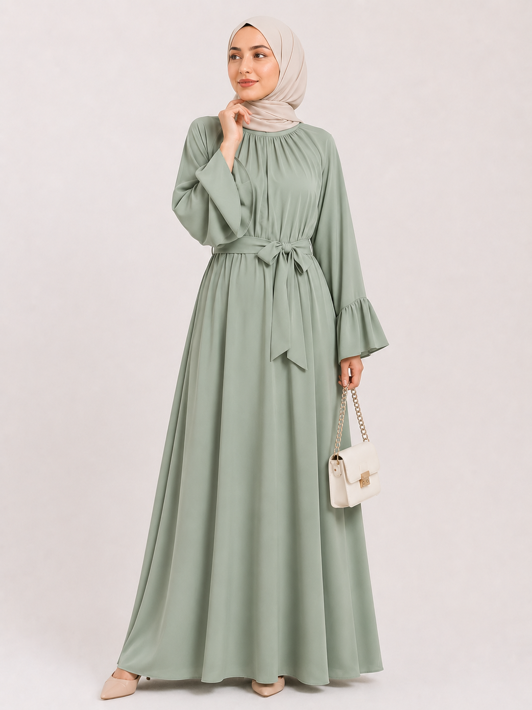 Elegant Belted Maxi Abaya Dress
