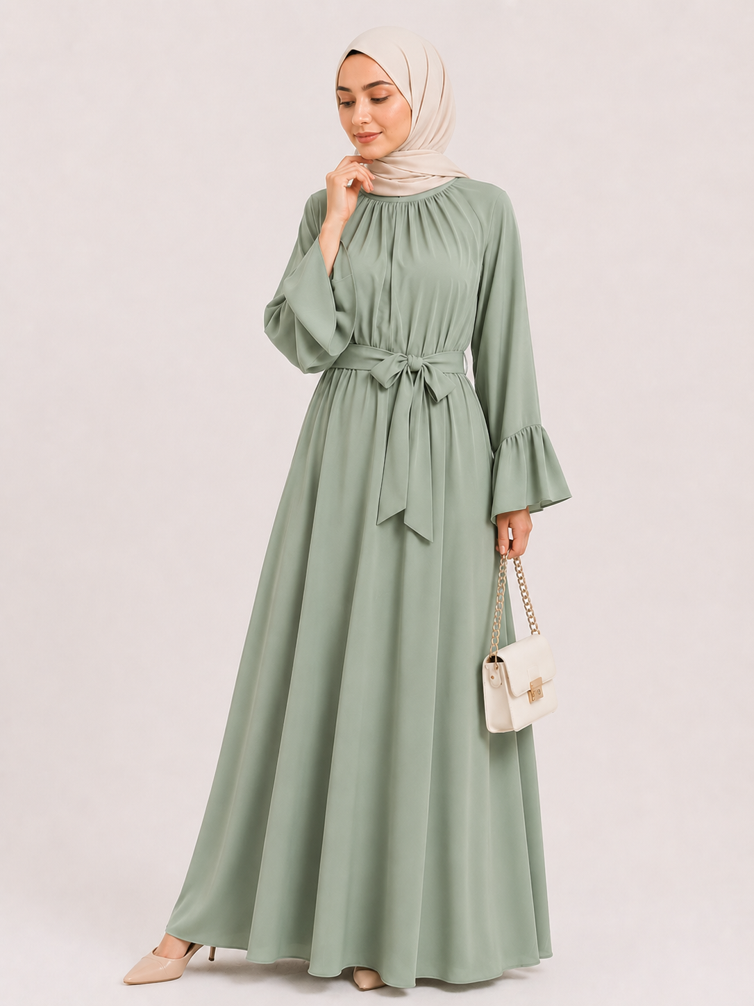 Elegant Belted Maxi Abaya Dress