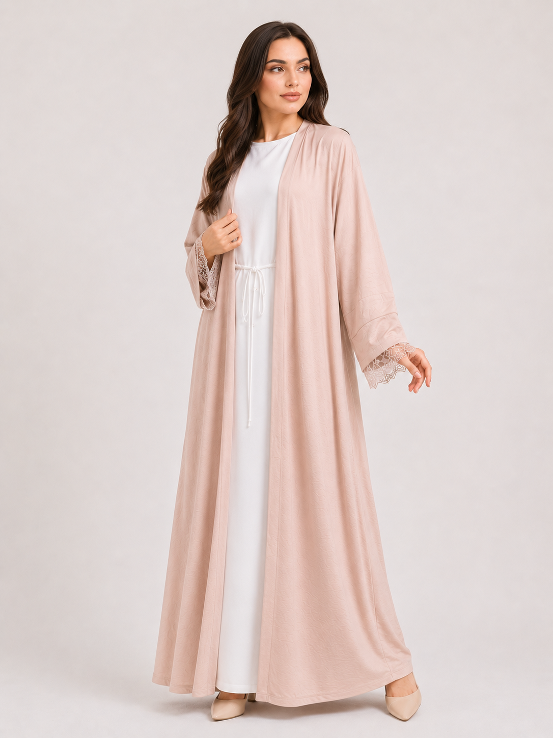 Lace Trim Open Abaya Set